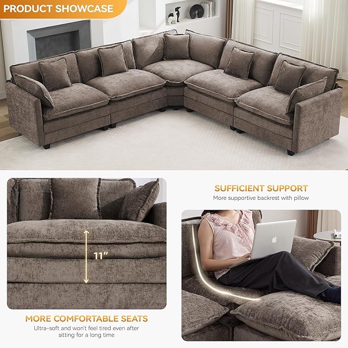 113'' V Shaped Cloud Sectional Sofa, Oversized Deep Seat Couches for Living Room, Chenille Comfy Upholstered Modular Sectional Sofa Couch, Brown