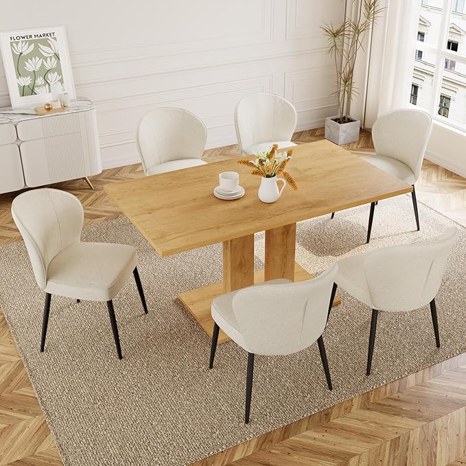 Dining Table Set for 4-6 People, 46 Inch Modern MDF Oak Kitchen Table with 4 Fabric Dining Chairs, Rectangular Dining Room Table Set for Home, Small Spaces, Breakfast Nook (Oak Table + 4 Beige Chairs)