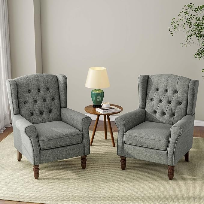 DREAMSIDEA Accent Chair, Upholstered Armchair with Button Tufted High Back & Solid Wood Legs, Comfy Wingback Reading Single Sofa Chair for Small Spaces, Living Room, Bedroom (Grey, Set of 2)