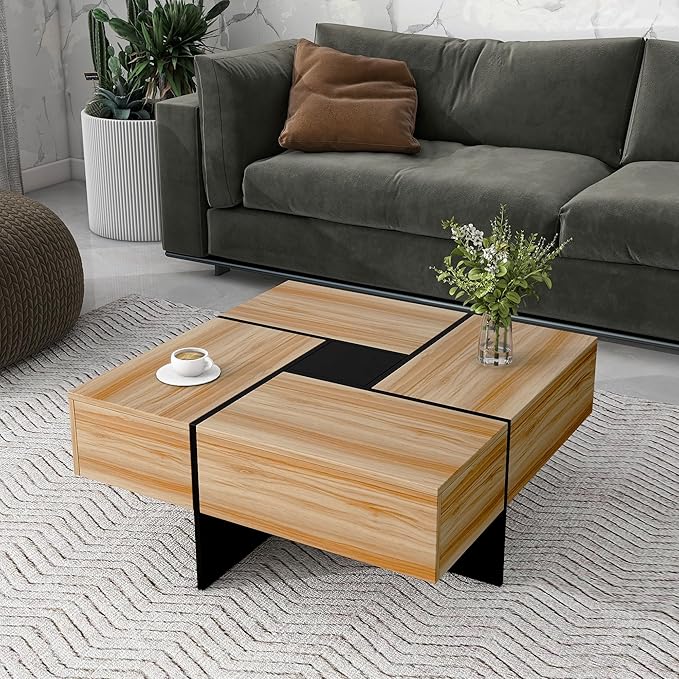 HanStrong 31.5" Square Coffee Table with 4 Hidden Storage Compartments,Cocktail Table with Extendable Sliding Tabletop,UV High-Gloss Design Center Table for Living Room,Brown