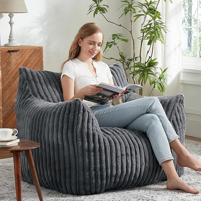 Giant Bean Bag Chairs for Adults with Filling Plush Fluffy Bean Bag Chairs for Teens with Armrests Comfy BeanBag Lazy Couch Sofa Chair for Bedroom Living Room Reading