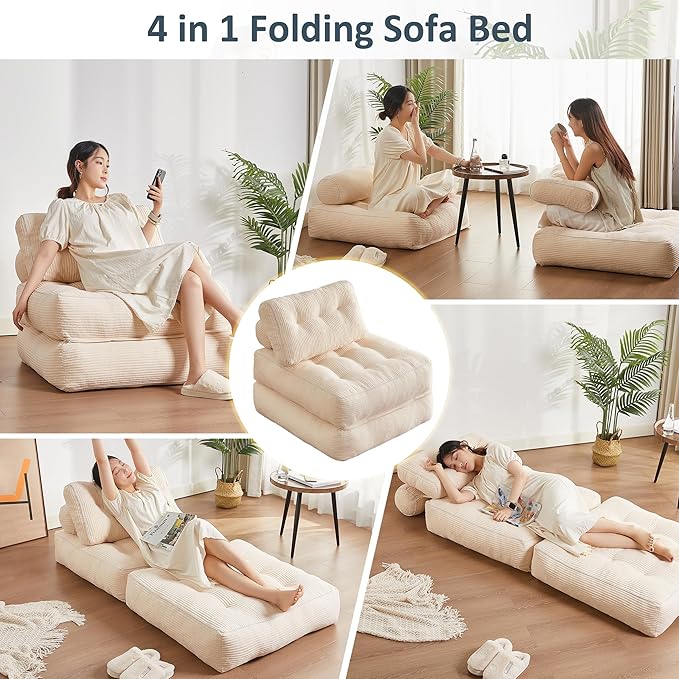 Afuson Folding Chair Bed, Futon Sofa, Floor Couch for Adults Chair for Living Room, Lounge Sofa, Convertible Sofa Bed, Small Couches for Small Spaces, Beige