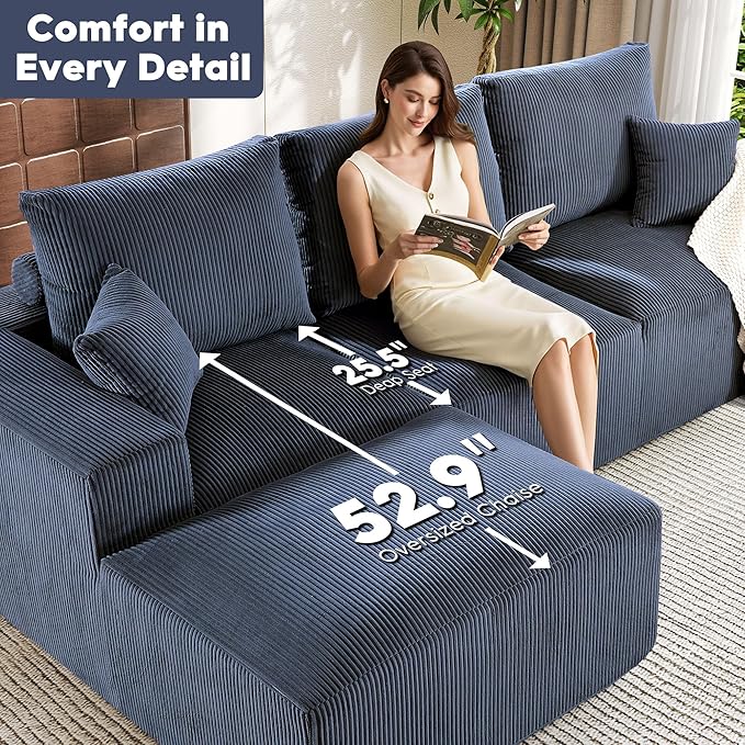 WESTSETLUX 108” Cloud Sectional Sofa Couch with High-Seat, Corduroy Modular Sofa with Oversized Chaise, High-Back Modern L-Shaped Couches for Living Room, No Assembly Required (Blue)