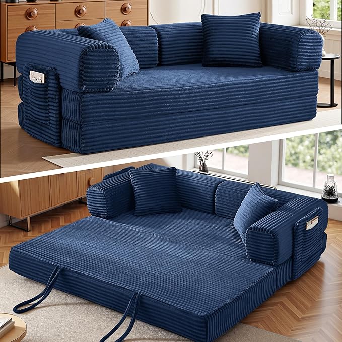 Chorlenimi Boneless Couch Futon Sofa Bed Sectional Couches for Living Room,Cloud Couch with Sleeper Sofa,Sofas for Living Room Oversized Corduroy Upholstered (Blue, 81 Inches (with Iron Frame))