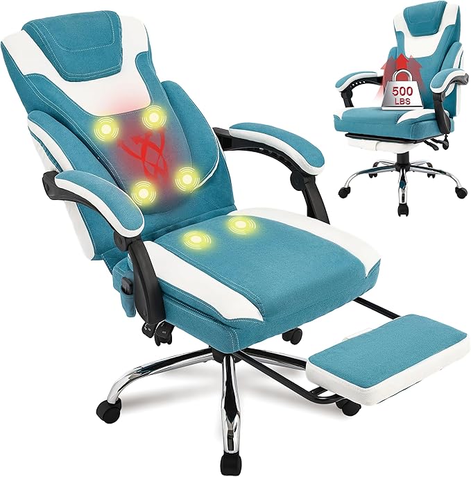Massage Office Chair with Footrest,6-Point Vibration and Heat Executive Office Chairs,Ergonomic Desk Chair for Heavy People,500LBS Big and Tall Fabric Office Chair,Reclining Managerial Chair,Bluewhite