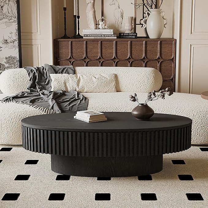 Oval Coffee Table for Living Room Modern Wood Center Tables with Storage Drum Tea Cocktail Fluted Mid Century Apartment Easy Assemble, Black 31.5" D x 47.2" W x14.2 H