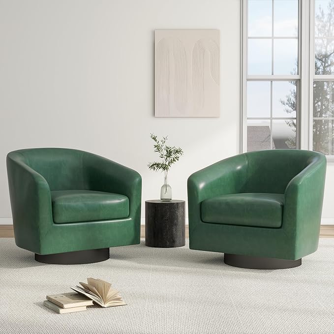 Swivel Barrel Chair, Modern Round PU Leather Accent Armchair for Living Room, Bedroom, Oversized Comfy Club Reading Chairs for Adults (Leather Green, Set of 2)