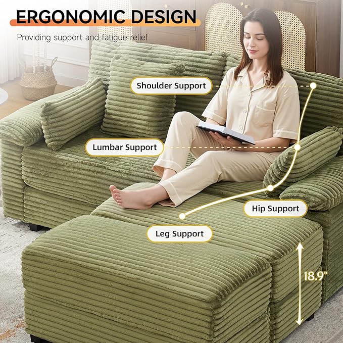 75" Corduroy Loveseat with Storage Ottoman & USB, Cloud Deep Seat Couch with Convertible Ottoman Coffee Table, Double Chaise Lounge for Living Room, Green