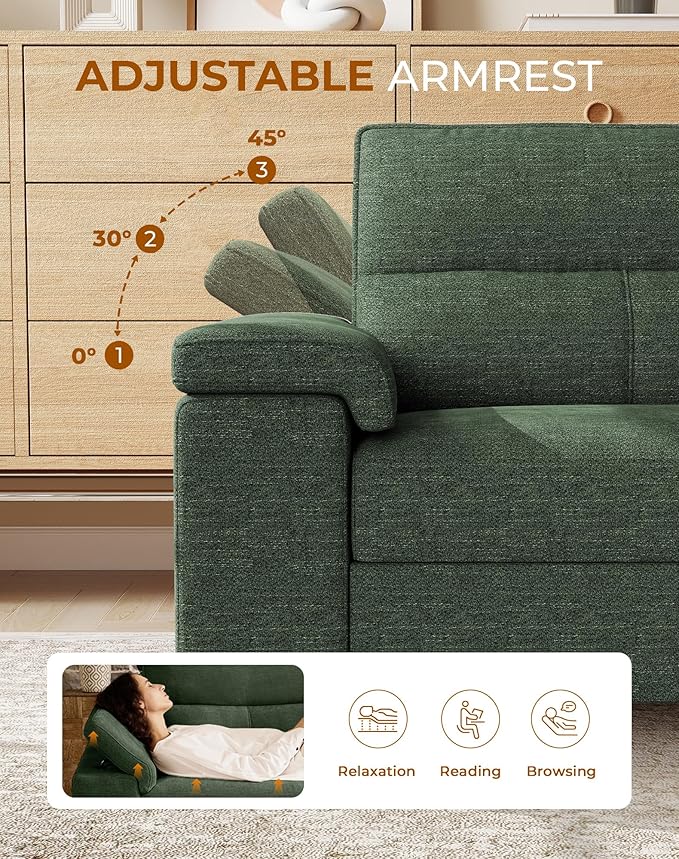 Upvilla 71.25" Modern Sofa Couch for Living Room, Deep Seat Sofas with 8”Cushion, Comfy 2-Seater Chenille Loveseat with Convertible Armrest, Removable Sofa Cover, High Leg(Green)