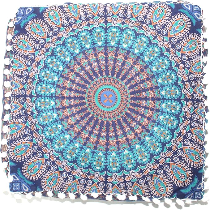 CRAFT KALA Blue Peacock Large Hippie Mandala Meditation Floor Ottoman Pillow Cushion Pouf Cover Square Poufs Bohemian Circle Floor Cushion Case Outdoor Fireplace Living Room Decor Cover 24" Square