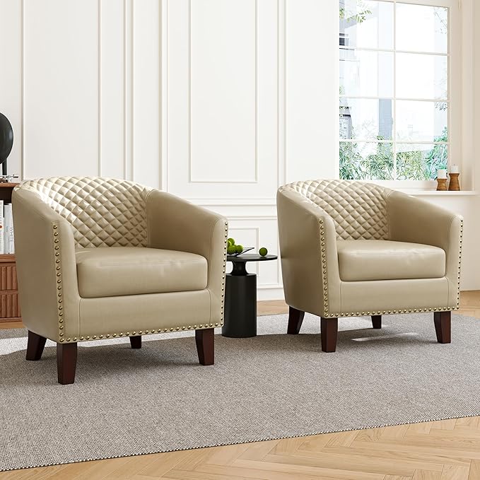 DREAMSIDEA Accent Barrel Chair, Upholstered Faux Leather Club Chair with Nailed Trim, Comfy Reading Armchair for Living Room Bedroom Reception Room Office (Beige, Set of 1)