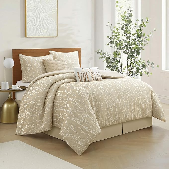 Grand Avenue 6 Piece Cotton Taupe Comforter Set, California King Size Jacquard Bedding Set, All Season Floral Leaves Bedding Set, Matching Pillows, Shams, Bed Skirt