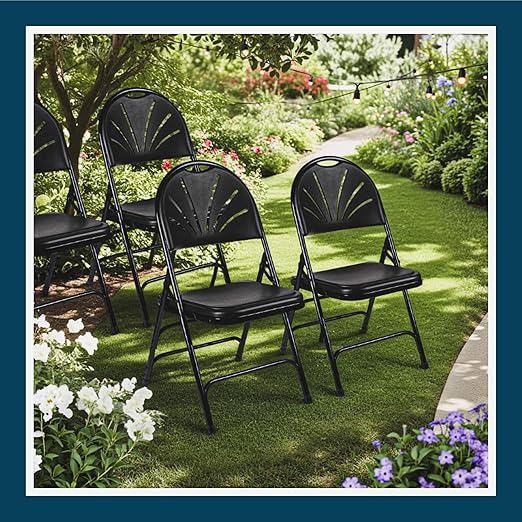 OEF Furnishings OEF1100 Series Premium Heavy-Duty Plastic Folding Chairs, Commercial Fanback Event Chairs with Triple Brace and 500 lb Capacity (4-Pack, Black Plastic with Black Frame)