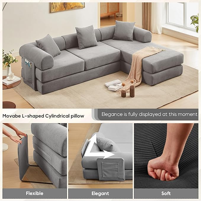 L Shaped Convertible Modular Sofa Bed with Cylindrical Pillow & Reversible Chaise, Corduroy Folding Floor Sofa Couch Bed with Fixed-Shape Frame & Storage Pocket for Living Room, Grey