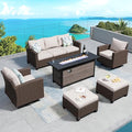 Swivel Glider Patio Furniture Set Outdoor Furniture Brown Wicker Rattan Patio Conversation Sets with Cushion Outside Sofa Set,5 Pieces with Rectangular Firepit Table,7 Seats,Beige