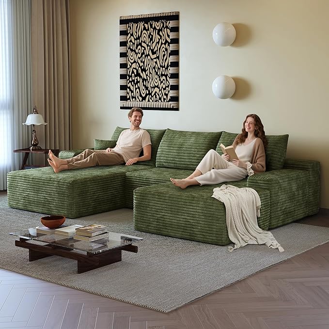 AUGOP 108" Sectional Couches for Living Room Modern Modular Sofa with L-Shape Couchs Upholstered Boneless Couch Deep Seat Sectional Couch with Chaise (Green, Left Facing Chaise+2Seaters+1Ottoman)