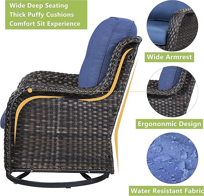 Rilyson Wicker Patio Furniture Set - 7 Piece Rattan Outdoor Sectional Conversation Sets with 2 Rocking Swivel Chairs,2 Ottomans,2 Sofa and 1 Coffee Table for Porch Deck Garden(Brown/Blue)