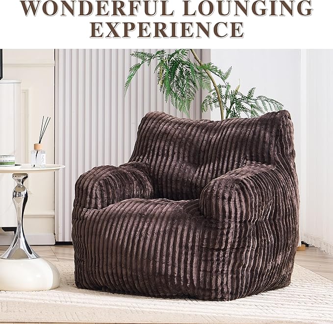 GDFStudio 37" Bean Bag Chair Oversize Bean Bag Lazy Floor Sofa with Back Support Comfy Corduroy Memory Foam Chair with Armrest for Living Room Bedroom, Brown