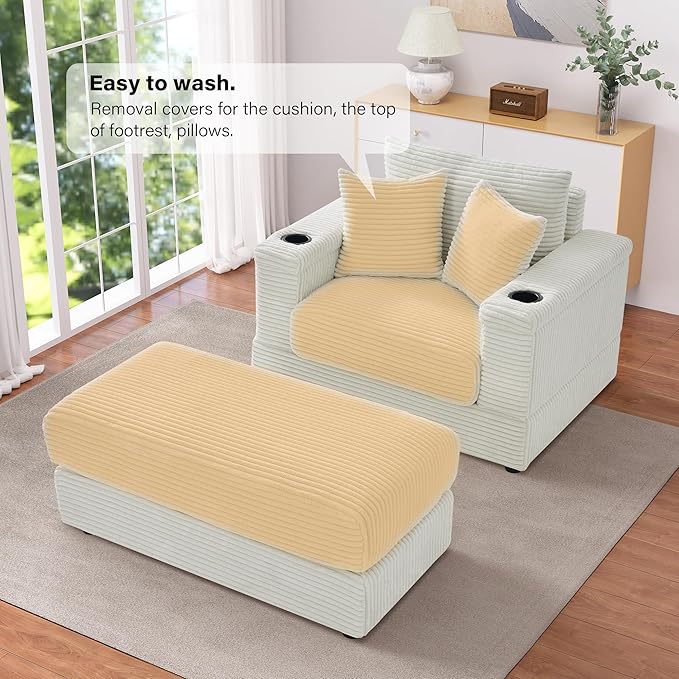 DAMAIFROM Oversized Chaise Lounge Chair Indoor with USB, Cup Holder & Ottoman, Firm Solid Wood Frame with Long Service Life Corduroy Oversized Lounge Reading Chair for Study Room - Beige White