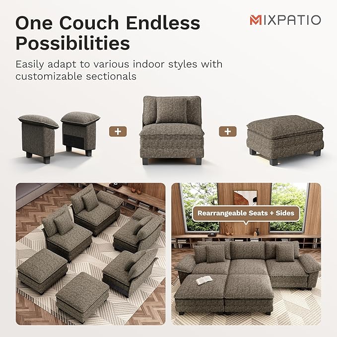 MIXPATIO 157-Inch U Shaped Sectional Sofa with Cloud Cushions, Deep Seat Modular Couch Set w/ 6 Seats & 2 Ottomans, Removable Arms, Plush Chenille Upholstery for Living Room, Apartment - Smoky Gray