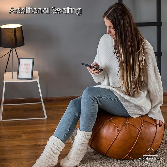Moderner Faux Leather Pouf Unstuffed Ottoman Moroccan Footstool, Floor Footrest Cushion, Storage Solution - Natural Brown Color