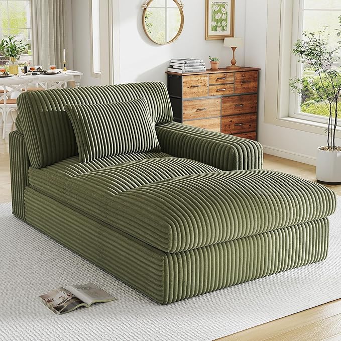 Oversized Chaise Lounge Sofa Chair Indoor，Soft Corduroy Fabric, Boneless sofawith Cushion，A Comfortable, deep-Seated Cloud Sofa for use in The Living Room.(Singler-Right-arm-Green)