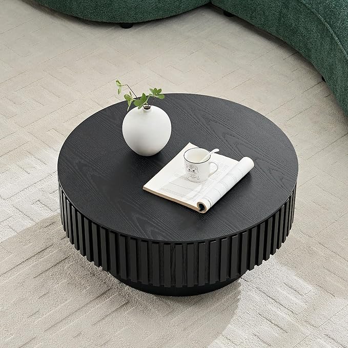 31.49'' Nesting Round Wood Coffee Table with Storage for Apartment, Modern Living Room Coffee Table with Sturdy Pedestal (Black, Ø31.49 x 13.77 with Storage)