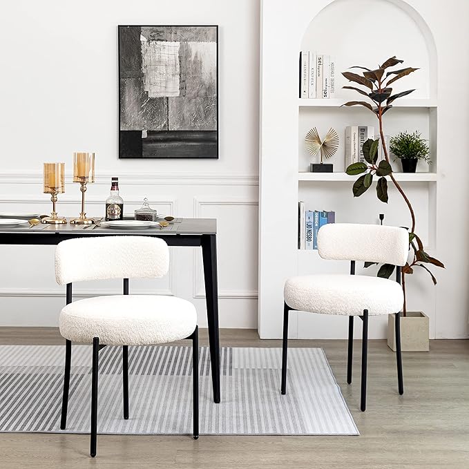 DYHOME White Boucle Dining Chairs Set of 6, Mid Century Modern Dining Room Chairs with Curved Backrest, Upholstered Kitchen Chairs with Black Metal Legs