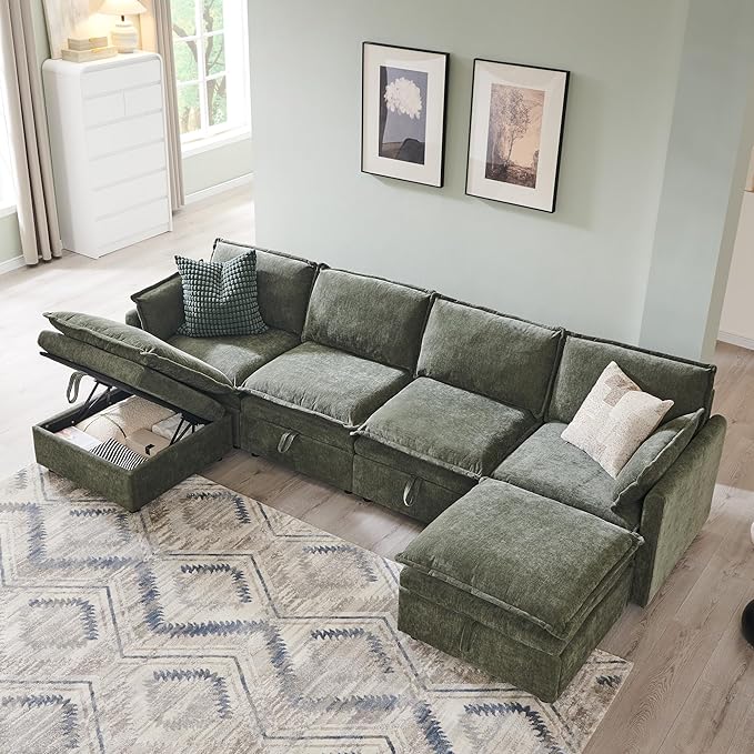 112.6" Sectional Couches for Living Room, Cloud Couch Sectional with Large Storage, U-Shape Modular Sectional Sofa with Ottoman, 6 Seater Chenille Sofa with Pillow for Apartment, Bedroom, Green