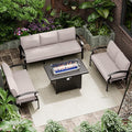 RTDTD Aluminum Outdoor Patio Furniture Set,4 Pieces 7 Seats Patio Conversation Sets with 45" Propane Fire Pit Table,Metal Patio Sectional Furniture Set w/5.1" Cushions for Porch,Deck,Backyard,Sand