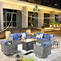 ovios 11 Piece Outdoor Patio Furniture Set with Fire Pit Table,Conversation Sectional Wicker Couch with Swivel Chairs,Modern Outside Sofa for Balcony Backyard, Blue