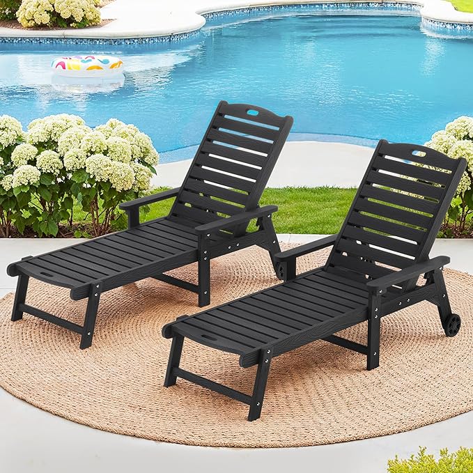 LUE BONA Outdoor Chaise Lounge Chairs Set of 2, HDPS Lounge Chair, 5 Positions Adjustable Pool Lounge Chairs, Patio Furniture Sets with Wheels for Poolside, Hotel, Restaurant, 3 Year Warranty, Black