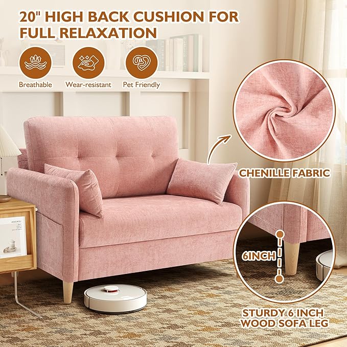 47" Small Sofa Couch for Bedroom, Soft Chenille loveseat Mini Couch with Throw Pillow and Removable Cushion Cover for Small Spaces, Living Room, Apartment, Dorm, Office(Pink)