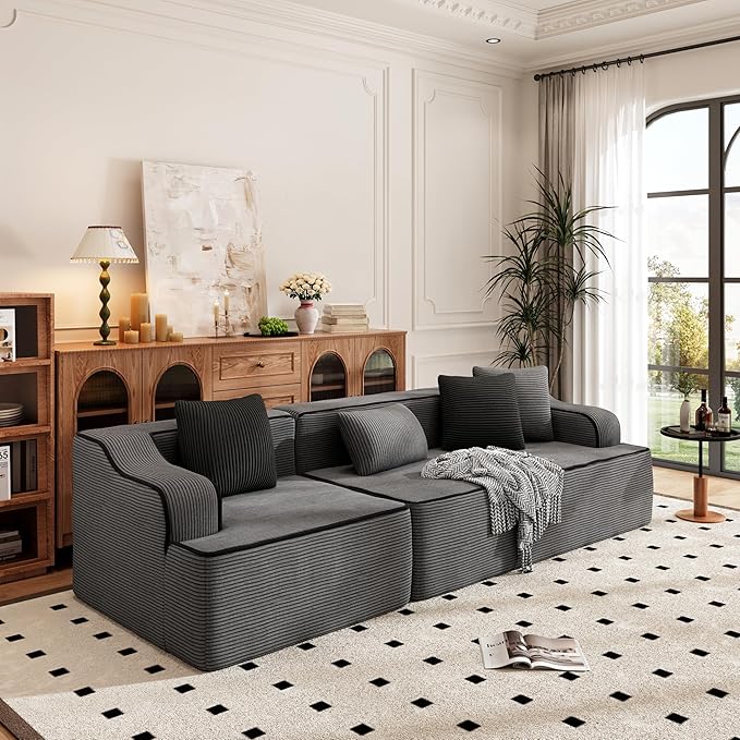 PHI VILLA Cloud Modular Couches, 105" Boneless Sectional Sofa with Deep Seat, 3-Seater Couch for Apartment Living Room Small Spaces, No Assembly Required, Corduroy, Grey