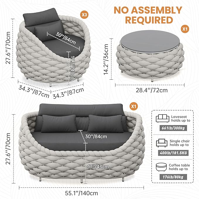 Erotr Aluminum Outdoor Seating Set: 5 Pieces Woven Rope Patio Furniture Conversation Set - Modern Deck Loveseat Set Cushioned - Assembled Metal Porch Lounge Set for Yard Garden Lanai Hotel Resort Pool
