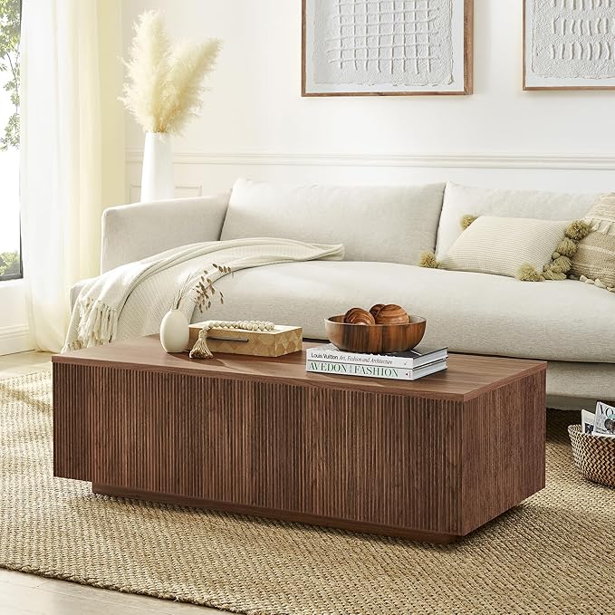 Henn&Hart 48" Fluted Rectangular Low-Profile Coffee Table for Living Room, Family Room, or Office, Satin Walnut