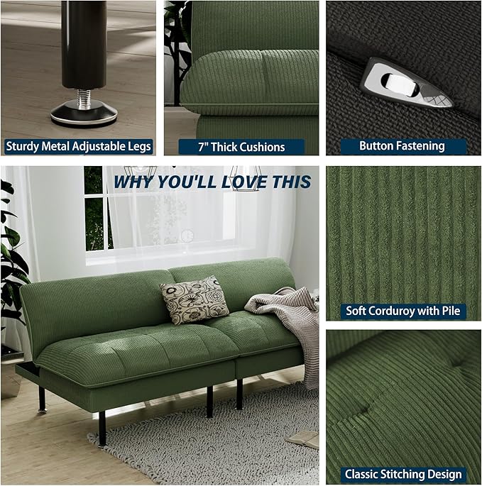 3 Sets 70" Futon Sofa Bed, 4 in 1 Multi-Function Couch Sleeper with Adjustable Backrest, Modern Convertible Futon, Recliner Small Loveseat for Living Room, Green
