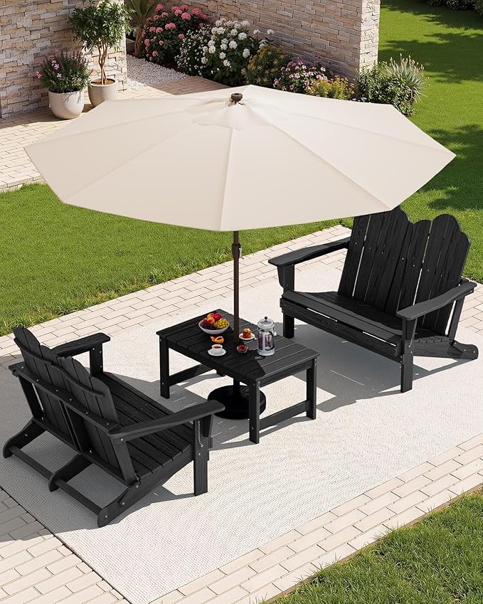 SERWALL Folding Adirondack Bench, HDPE All-Weather Adirondack Loveseat Set of 2, Black