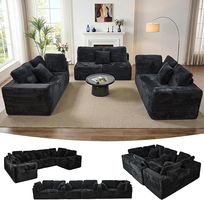 135.5" Cloud Sectional Couch,Boneless Corduroy Sofa for Living Room,Oversized U Shaped Sofa with Chaise,Deep Seat,No Assembly Required,Modular Sectional Couches（Black）