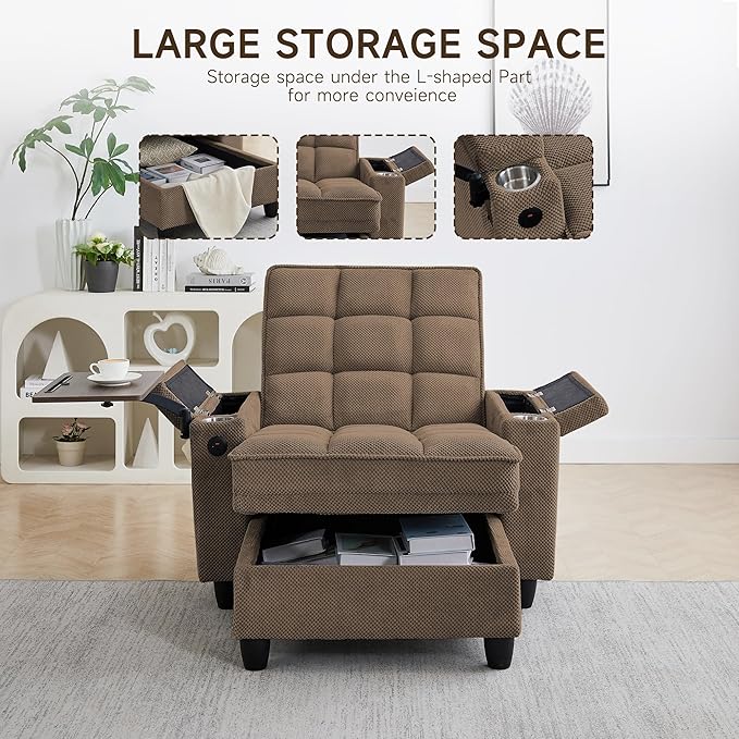 oaaktu Single Modern Comfy Upholstered Chaise Lounge Sofa Chair with Rotating Side Table,Storage,Pillow,USB Charging Ports and Adjustable Backrest Perfect for Living Room, Small Spaces (Coffee)