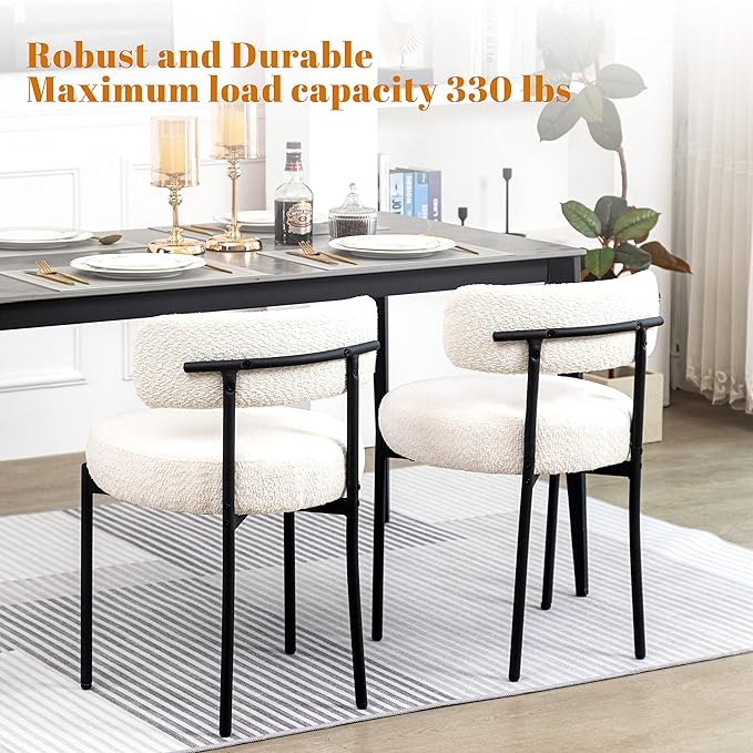 DYHOME White Boucle Dining Chairs Set of 4, Upholstered Kitchen Chairs with Thick Cushions and Metal Legs, Round Modern Dining Room Chairs