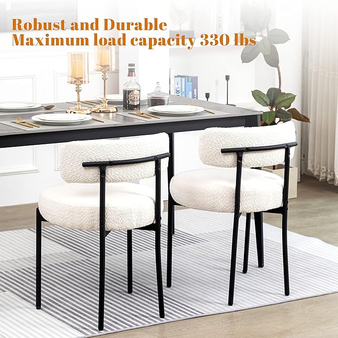 DYHOME White Boucle Dining Chairs Set of 6, Mid Century Modern Dining Room Chairs with Curved Backrest, Upholstered Kitchen Chairs with Black Metal Legs