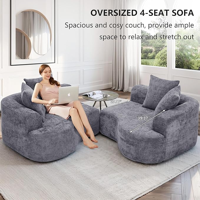 109” Curved Sectional Sofa, Chenille Fabric Modular Cloud Couch, No Assembly Required Half Moon Couch with Deep Seat, 4 Pillows for Living Room, Apartment, Bedroom