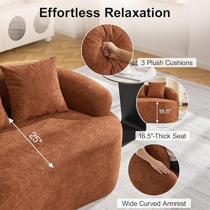Abbrevi 65" Curved Loveseat Sofa, Deep Seat Love Seat Couches with 3 Throw Pillows, Modern 2 Seater Boneless Curved Couch, Compressed Floor Sofa for Living Room Small Spaces, No Assembly, Orange