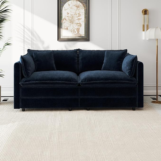 Aoowow Modular Sectional Sofa Modern Convertible Loveseat Couch,77.16 Inch Deep 2-Seater Sofas Comfy Chenille Cloud Sofas and Couches with Pillows for Living Room Apartment（Blue）