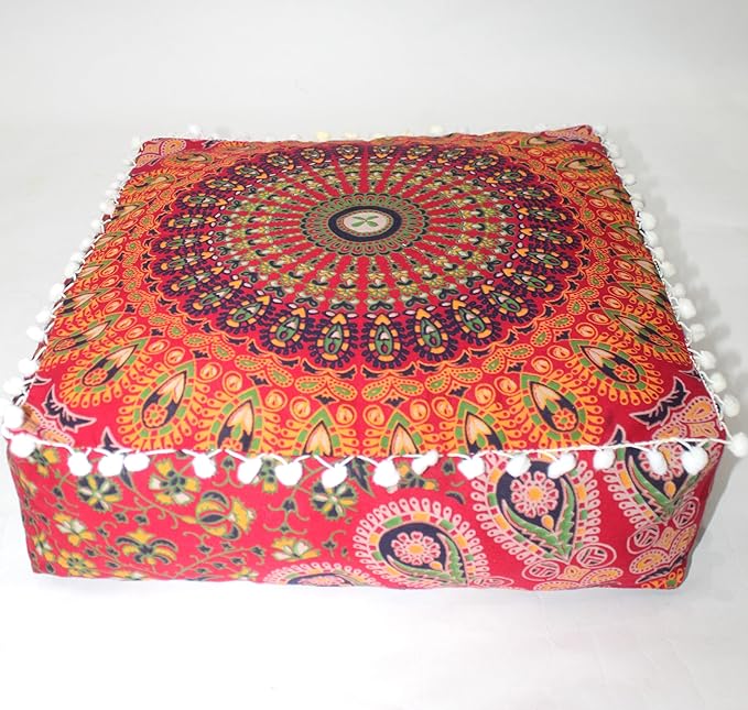 CRAFT KALA Red Peacock Large Hippie Mandala Meditation Floor Ottoman Pillow Cushion Pouf Cover Square Poufs Bohemian Circle Floor Cushion Case Outdoor Fireplace Yoga Living Room Decor Cover 16" Square