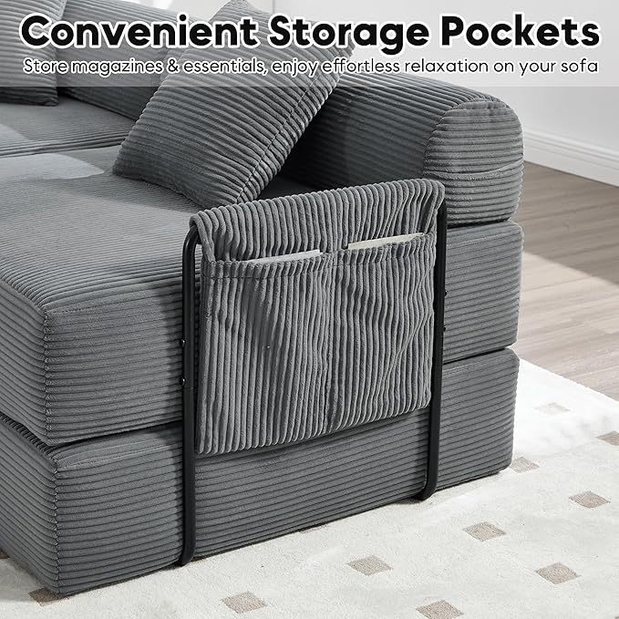 L Shape Convertible Sofa Bed with Cylindrical Pillow and Storage Pocket, Convertible Sofa Couch Bed with Support Frame for Living Room Bedroom Children Room-Grey