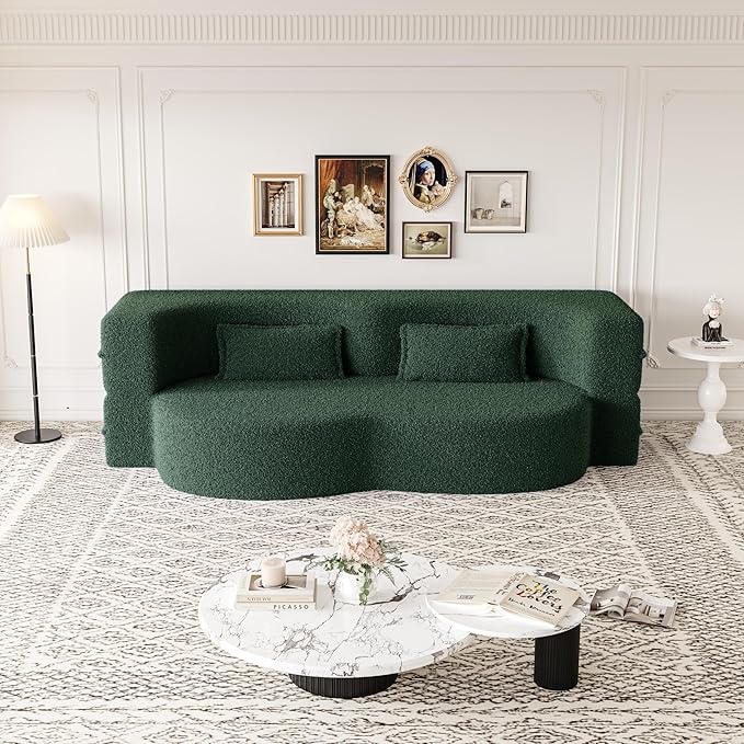 SZLIZCCC 78'' Modern Floor Sofa Bed, Convertible Teddy Fabric Sleeper with 2 Pillows, Modern Teddy Fabric Floor, Foam Folding Mattress for Living Room, Guest Bed, Playroom & Small Spaces (Green)