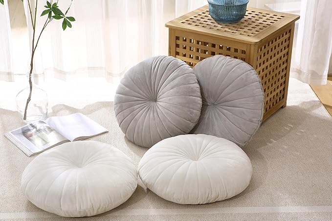 Floor Pillow Meditation Cushion Round Large Floor Pillows Seating for Adults, Velvet Thick Floor Cushions for Yoga Living Room Balcony Outdoor Tatami 18inch（Beige）