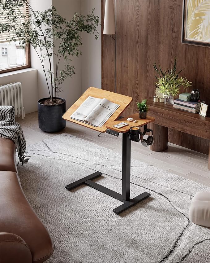 YIHAYO Adjustable Overbed Bedside Table with Wheels, 28 x 16 Inches Electric Mobile Standing Desk, Laptop Desk, Movable Overbed Tables Hospital Home Use, Rustic Brown